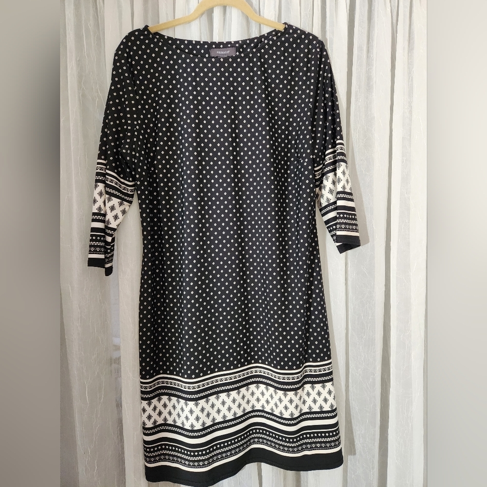 Primark Women's Black/White 3/4 Sleeve Midi Dress, Size 16, EUC